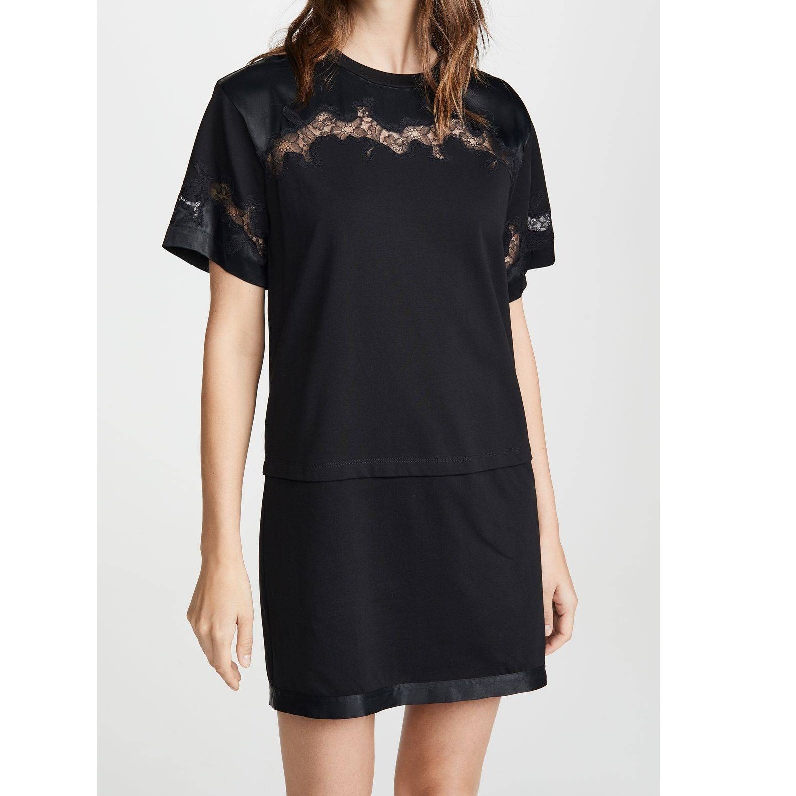 Phillip Lim Black Satin T-Shirt Dress With Lace Satin/ Mini Shirt Dress Medium